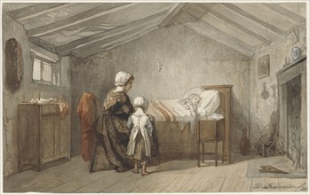 Mother and daughter at a child's sickbed, 1862. Creator: Diederik Franciscus Jamin.