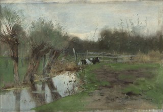 Pasture with cow by a stream, 1863-1895. Creator: George Poggenbeek.
