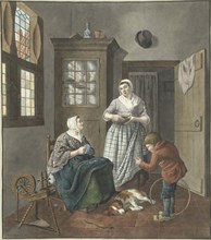 Interior with sewing woman, maid and playing boy, 1797. Creator: Hendrik Jan van Amerom.