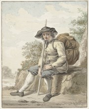 Seated man with a knapsack and a stick, 1784. Creator: Jacob van Strij.
