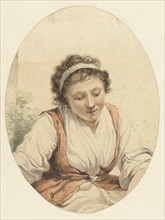 Woman with red cardigan and white ribbon in her hair, 1766-1815. Creator: Jacob van Strij.