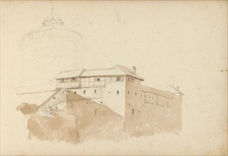 Tower and a building with a half-timbered facade, 1820-1896. Creator: Kasparus Karsen.