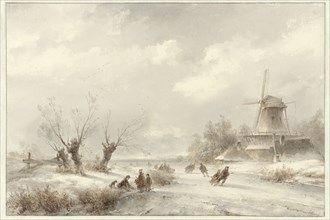 Winter landscape with skaters by a windmill, 1827-1897. Creator: Lodewijk Johannes Kleijn.