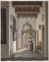 Maid sweeping the hallway of a house, 1837. Creator: Louis Henri de Fontenay.