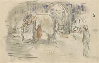 Indian with an elephant at a gate, 1924-1925. Creator: Marius Bauer.