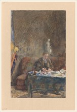 Interior with man writing on sofa behind the table, 1874-1918. Creator: Martinus van Andringa.