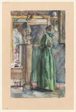 Lady in green dress standing in front of a mirror, 1874-1918. Creator: Martinus van Andringa.
