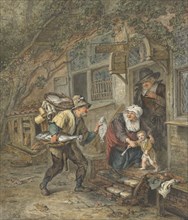 A fishmonger offers plaice to a schoolmaster and his family, 1763-1826. Creator: Abraham van Strij.