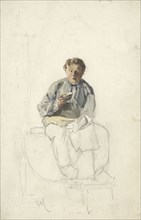 Seated boy with a cup, 1860-1921. Creator: Adolf le Comte.