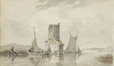 River landscape with a tower, c.1828-1897. Creator: Adrianus Eversen.