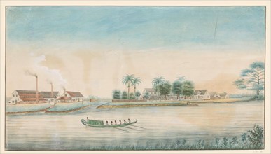 View of the Catharina Sophia sugar plantation from the water, c.1860. Creator: Alexander Ludwich Brockmann.