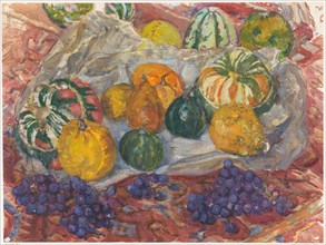Still life of pumpkins and grapes on a rug, 1872-1950. Creator: Barbara Elisabeth van Houten.