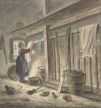 Corner of a stable with a girl hanging a cloth, 1772. Creator: Christina Chalon.