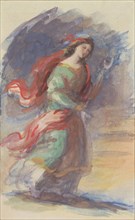 Walking young woman, in colourful, fluttering robes, against a dark background, 1818-1880. Creator: Eduard von Heuss.