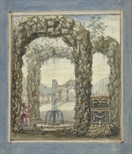 Design for a room painting with stone arches with a fountain and a view of a garden, 1677-1755. Creator: Elias van Nijmegen.