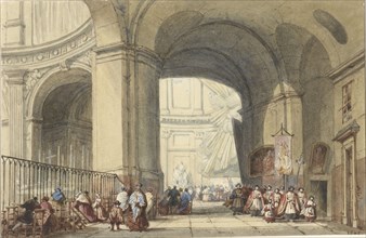 Interior of the S. Roche in Paris, with a procession in the foreground, 1848. Creator: Eugene Louis Lami.