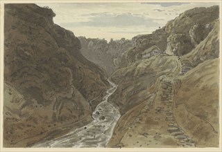 River valley and mountain road leading to two houses, 1777-1842. Creator: George Barret the Younger.