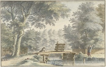 Landscape with an angler on a bridge, 1763. Creator: Gerard van Rossum.