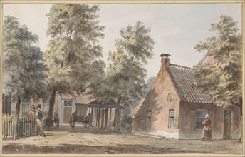 Village view with two men leaning against a fence on the left, 1820-1872. Creator: Hendrik Abraham Klinkhamer.