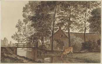 Farmyard with a cow drinking water on the Biltstraat in Utrecht, 1856-1858. Creator: Hendrik Abraham Klinkhamer.
