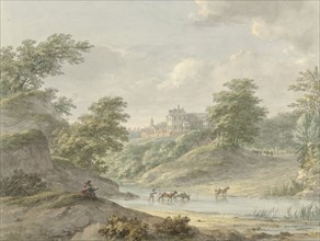 Landscape with a seated draftsman and a castle on the water, 1754-1820. Creator: Hermanus Numan.