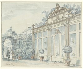 View in a French garden with gentleman and lady, 1700-1800. Creator: J de Marsy.
