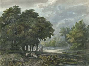 Shepherds with herd in a wooded landscape, 1706-1759. Creator: Jacob van Liender.