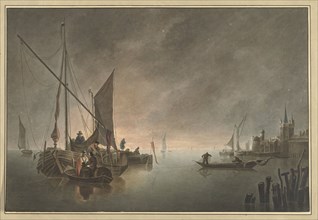 Ships in front of a walled city at sunset, 1730-1771. Creator: Jan Matthias Cok.