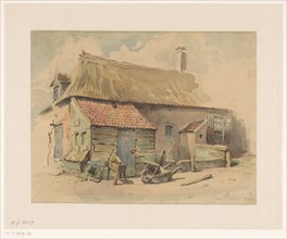 Farmhouse with wooden extension, wheelbarrow and grinding stone, 1837-1903. Creator: Jan Striening.