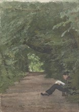 Man reading in forest avenue, 1874-1925. Creator: Jan Veth.