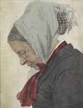 Old woman with headscarf and red scarf, 1874-1925. Creator: Jan Veth.