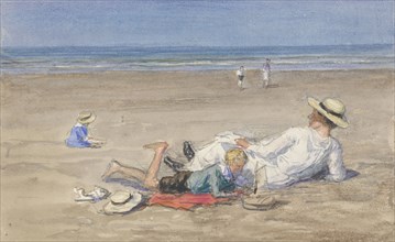 Resting nanny with two children on the beach, 1874-1927. Creator: Johan Antonie de Jonge.