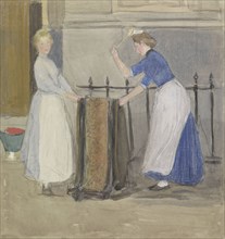 Two maids airing a mat in front of a town hall, 1874-1927. Creator: Johan Antonie de Jonge.