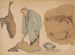 Poulterers with dead deer, 1864. Creator: Johannes Tavenraat.