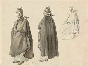 Woman in a long cloak and hood, seen from different views, 1840. Creator: Johannes Tavenraat.