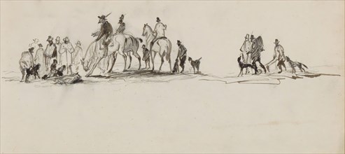 Men with dogs, on foot and on horseback, 1840-1868. Creator: Johannes Tavenraat.