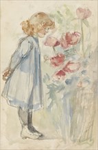 Standing girl in flower garden, 1834-1911. Creator: Jozef Israels.