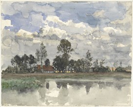 Trees reflecting in the water against a cloudy sky, 1845-1925. Creator: Julius Jacobus van de Sande Bakhuyzen.