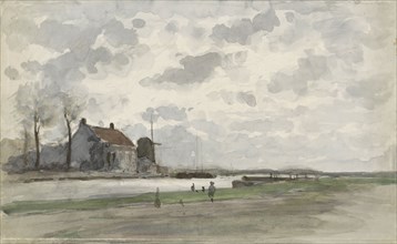 Canal with a windmill, 1845-1925. Creator: Julius Jacobus van de Sande Bakhuyzen.