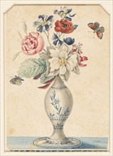 Vase with flowers and a grey-yellow butterfly, 1800-1900. Creator: LW Garrison.