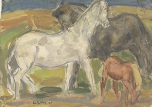 Two horses and a foal in a landscape, 1928. Creator: Leo Gestel.