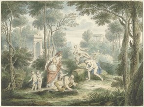 Arcadian landscape with Athena crowning an old man, and Venus and Adonis, 1747. Creator: Louis Fabritius Dubourg.