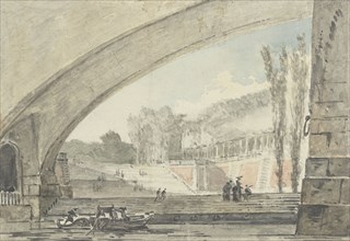 View under a bridge to terraces and a staircase, 1750-1806. Creator: Louis Gabriel Moreau.