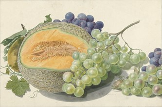 A Melon, Bunches of Grapes, a Peach and Hazelnuts, 1714-1760. Creator: Michiel van Huysum.