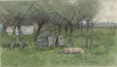 Farmyard with lying pig, 1882. Creator: Nicolaas Bastert.