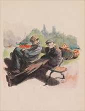 Two men sitting on a bench in a park, 1919. Creator: Otto Verhagen.