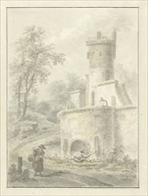 Landscape with an angler and a woman near a fortress tower, 1838. Creator: Pieter Barbiers.