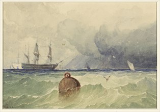 Three-masters at anchor with rough weather coming in, 1830-1880. Creator: Thomas Sewell Robins.