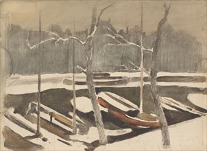 Moored barges on a snowy canal, 1870-1923. Creator: Willem Witsen.