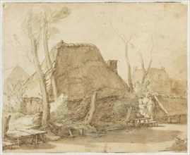 Peasant huts on the banks of a river; around it bare trees, stumps and bushes, to the left... Creator: Abraham Bloemaert.